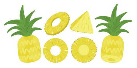 Pineapple Fruit Tropical Collection, Pineapple Set, Pineapple Clipart. Pineapple slices. Colorful Vector Juicy Tropical Fruits, Leaves, Exotic Fruits