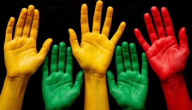 powerful image of a raised hand in pan-african colors (red green yellow) against solid black background for juneteenth or african liberation celebrations