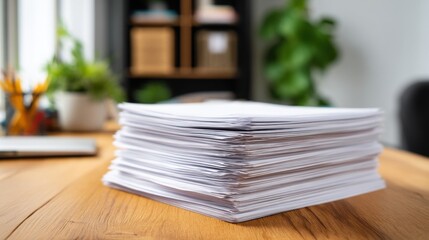 Stack of White Paper on Wooden Desk in Office Setting Close Up Shot Business Documents and Paperwork