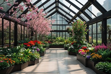 Stunning Corporate Shenzhen Lobby Featuring Picturesque Greenhouse with Vibrant Blossoming Plants and Colorful Flowers