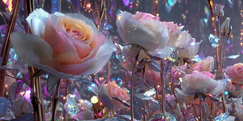 Ethereal Blooming Roses Surrounded by Sparkling Crystals in a Dreamy Fantasy Setting