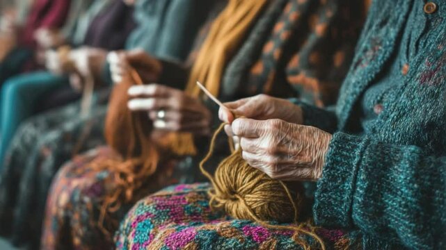 Golden Thread of Time: An intimate view of several hands working in unison, weaving colorful yarns into tangible artistry. captured in a moment of shared serenity and focused craftsmanship.