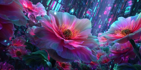 Vibrant Fantasy Flowers in a Digital Neon Landscape with Lush Petals and Glowing Details