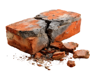 Weathered brick with cracked surface, surrounded by small debris, showcases its rustic texture and earthy tones. This evokes sense of age and durability, perfect for construction themes