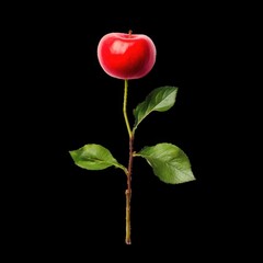 Red apple on stem with leaves against black