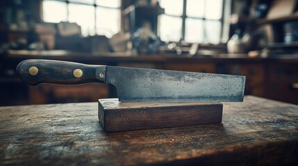 Vintage work knife on wooden workbench