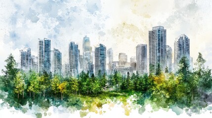 Obraz premium Watercolor Cityscape Lush Park and Modern Skyscrapers