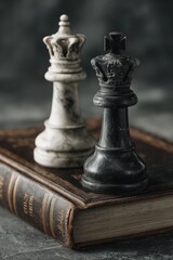 Fototapeta premium A Game of Kings: Marble Chess Pieces Guarding Ancient Leather Tome