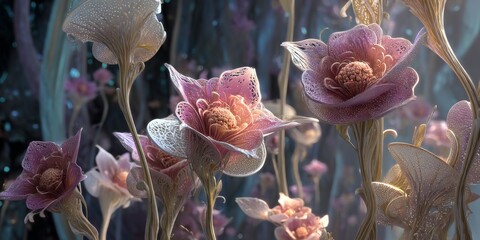 Beautiful ethereal flowers with delicate petals radiating soft colors in a magical enchanted forest setting