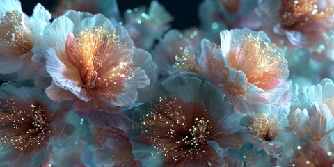 Ethereal floral blooms with shimmering petals and luminous details in soft pastel tones, creating a dreamlike atmosphere.