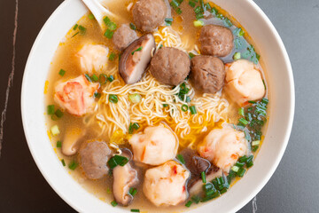 top view bowl of ChaoZhou beef offal and various seafood ingredients at horizontal composition