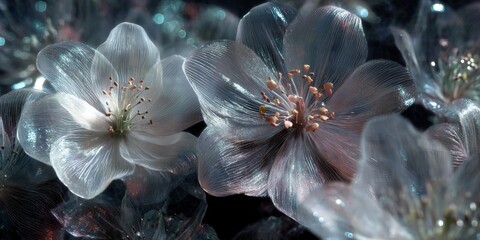 Delicate translucent flowers with ethereal qualities, showcasing intricate details and sparkling features against a dark background