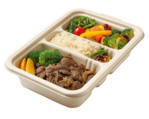 Delicious bento box featuring tender beef, steamed rice, and variety of fresh vegetables, all presented in sustainable, eco friendly container. Perfect for nutritious meal on go