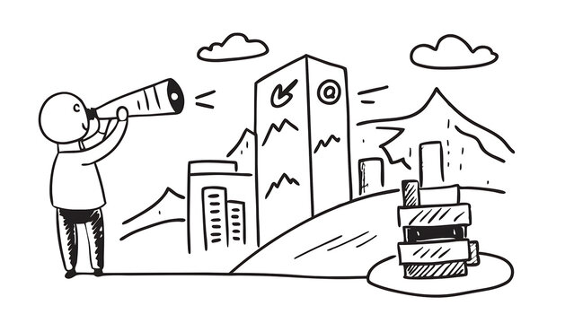 person with a telescope on a rocky peak financial graphs overlaid cityscape background concept of future market vision generative ai 27035958 1