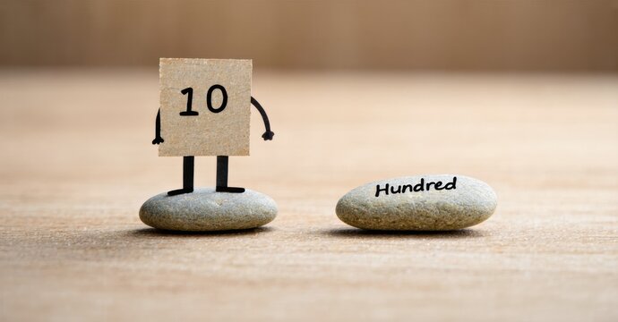 Stones display numbers ten, hundred. Wooden surface provides neutral background. Simple composition emphasizes numerical values.