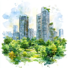 Watercolor Cityscape Modern Highrises and Lush Green Park