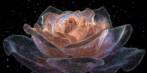 Ethereal Rose Blooming in Cosmic Space with Intricate Details and Glowing Effects Under Starry Background