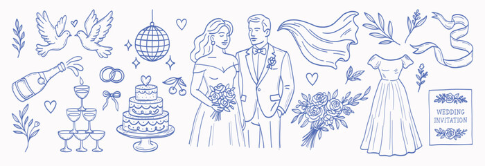 The image is a blue and white depiction of a wedding scene. It features a bride and groom, a wedding cake, and a bouquet. The couple is dressed in formal attire, with the groom wearing a suit