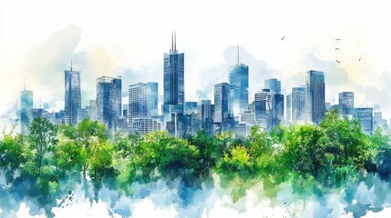 Fototapeta premium Watercolor Cityscape Modern Skyline and Lush Greenery