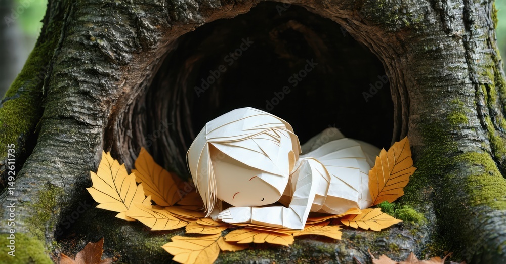 Poster origami figure rests peacefully inside tree hollow. autumn leaves surround sleeping form, creating c