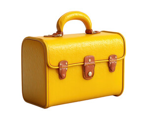 Bright yellow suitcase with unique shape, featuring brown leather straps and sturdy handle, perfect for travel and adventure. Its vibrant color adds cheerful touch to any journey