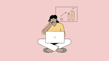 a woman sits cross legged with a laptop talking on the phone against a graphic of financial charts on a white background depicting productivity 19574339 1