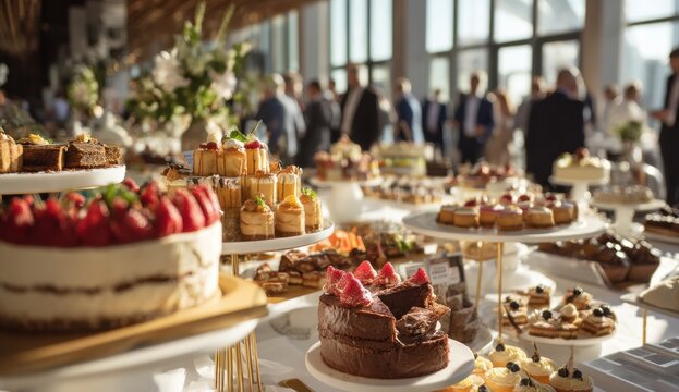 Assorted desserts at indoor event with people
