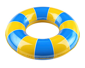 Vibrant inflatable pool ring featuring alternating blue and yellow stripes, perfect for summer fun and relaxation in water. This colorful water toy adds joy to any pool day