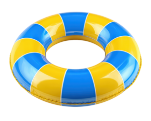Vibrant inflatable pool ring featuring alternating blue and yellow stripes, perfect for summer fun and relaxation in water. This colorful water toy adds joy to any pool day