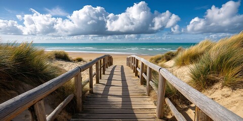 Fototapeta premium Wooden boardwalk leading to a sandy beach with blue ocean and clouds. Scenic coastal walkway