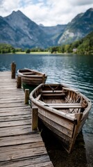 Obraz premium Wooden boats moored on a lakeside dock, tranquil alpine scenery in background. Ideal for nature, travel, or serenity themes