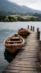 Wooden boats on a lakeside pier in a tranquil landscape.  Possible use Nature photography, stock image, or print material