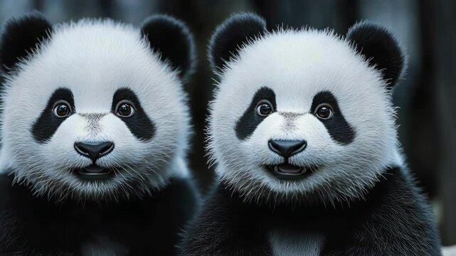 two baby pandas with soft white and black fur staring forward with curious expressions