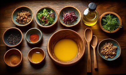 Wooden bowl of soup with various ingredients arranged on a wooden surface.  Healthy eating concept.  Possible use food blog, cooking website, healthy recipes