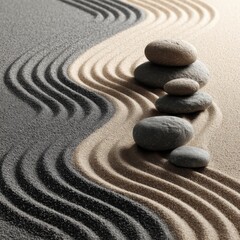 Zen garden with stacked stones and raked sand creating a peaceful and meditative scene in a studio setting