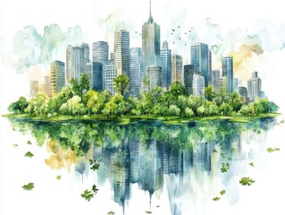 Fototapeta premium Watercolor Cityscape Reflected in Calm Water with Lush Greenery