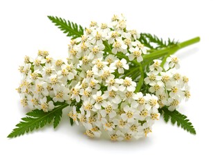 Close Up View of White Yarrow Flowers and Green Leaves Isolated on White Background