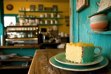 Brightly Decorated Cafe Scene Featuring Delicious Yellow Cake Slice on a Rustic Wooden Table with Colorful Background and Charming Cafe Decor