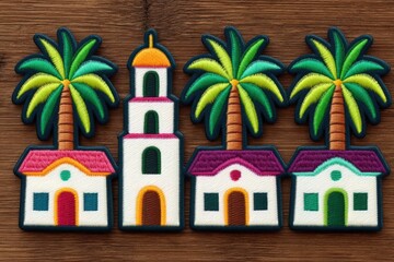 Colorful embroidered patches depicting tropical palm trees and charming houses create a vibrant visual story celebrating coastal life and cultural aesthetics that inspire creativity and