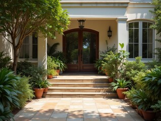Indoor area with wide low steps leading to second level, steps decorated with plants and books, soft light, natural composition

