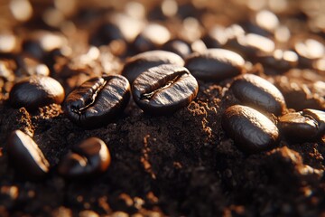 Fototapeta premium Roasted coffee beans on rich soil