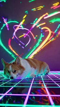 Corgi allong&eacute; sur une grille n&eacute;on avec fond de c&oelig;urs lumineux color&eacute;s

