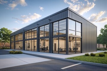 Fototapeta premium Contemporary Warehouse Design with Stylish Office Space Featuring Expansive Windows and Metal Facade