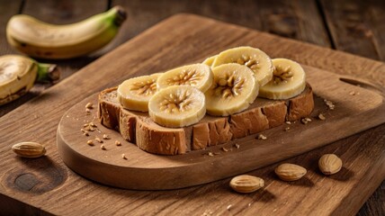 Fototapeta premium Peanut butter toast with banana slices, on a wooden board