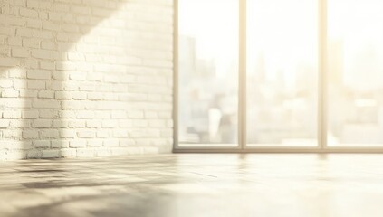 Sunlit room with exposed brick wall and large window