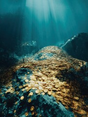 Sunken treasure chest of gold coins on ocean floor with sun rays shining through water column underwater shot