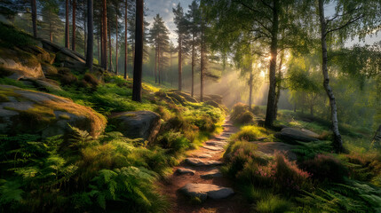 clearing with soft golden sunlight filtering through enchanted branches