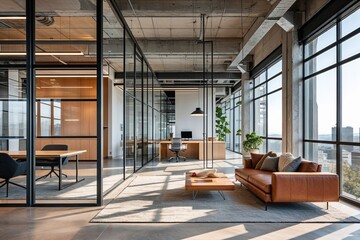 Fototapeta premium Stylish Industrial Minimalist Office Design Featuring Ample Glass Elements and Modern Architecture