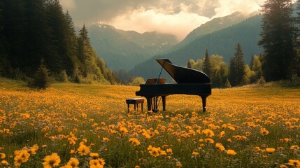 Black grand piano and bench in yellow flower field surrounded by trees and mountains under cloudy sunset sky