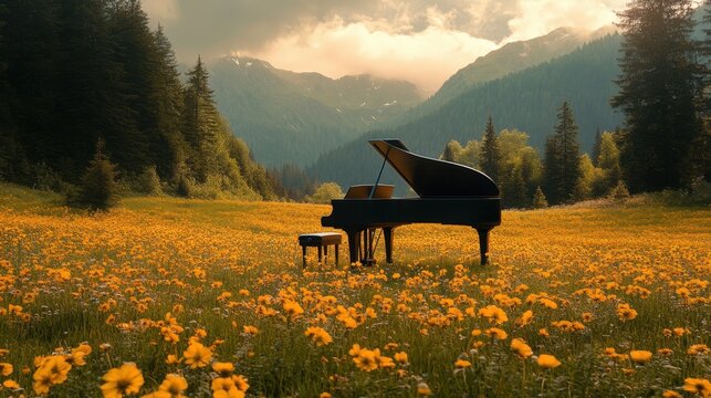 Black grand piano and bench in yellow flower field surrounded by trees and mountains under cloudy sunset sky